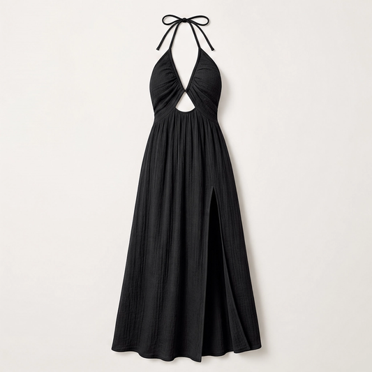 Solenne – Halter V-Neck Cutout Maxi Dress with High Slit + 50% OFF
