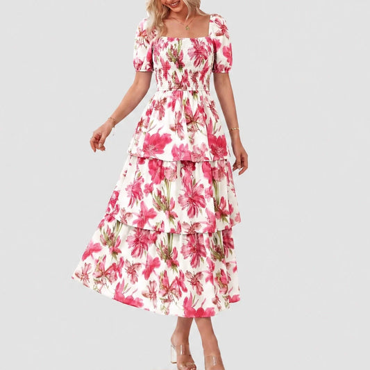 Fleurette™ – Smocked Square-Neck Puff Sleeve Tiered Floral Midi Dress + 50% OFF