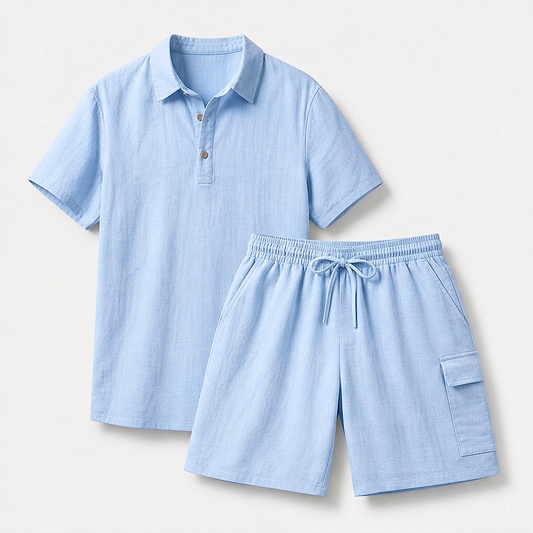 Duneport – Breathable Linen Blend Two-Piece Shirt & Cargo Shorts Set + 50% OFF