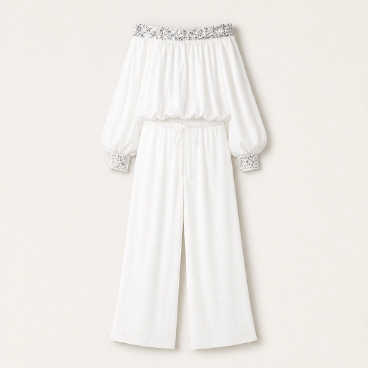 Noirelle – Off-Shoulder Sequined Top & Wide-Leg Pants Set + 50% OFF
