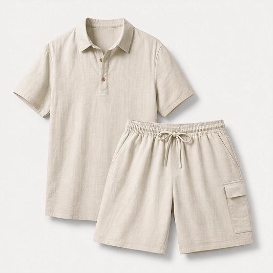 Duneport – Breathable Linen Blend Two-Piece Shirt & Cargo Shorts Set + 50% OFF