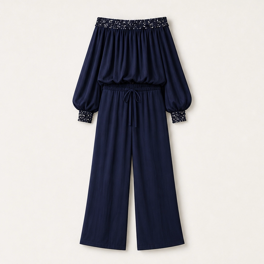 Noirelle – Off-Shoulder Sequined Top & Wide-Leg Pants Set + 50% OFF