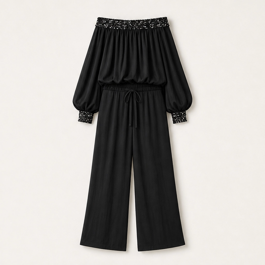 Noirelle – Off-Shoulder Sequined Top & Wide-Leg Pants Set + 50% OFF