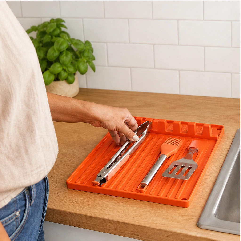 GrillNest™ – Heat-Resistant Silicone Grill Mat with Raised Drip Edge & Utensil Holder + 50% OFF