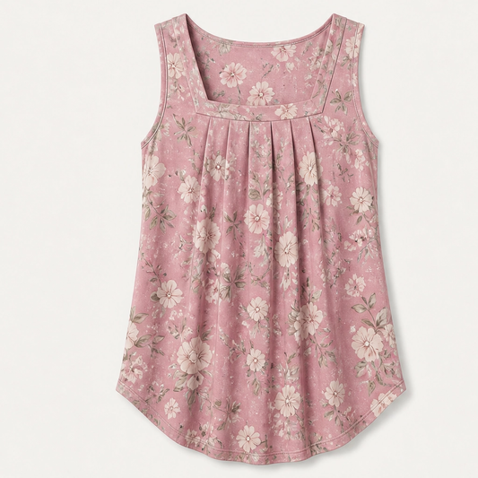 Vellara – Pleated Square Neck Flowy Sleeveless Tank Top + 50% OFF