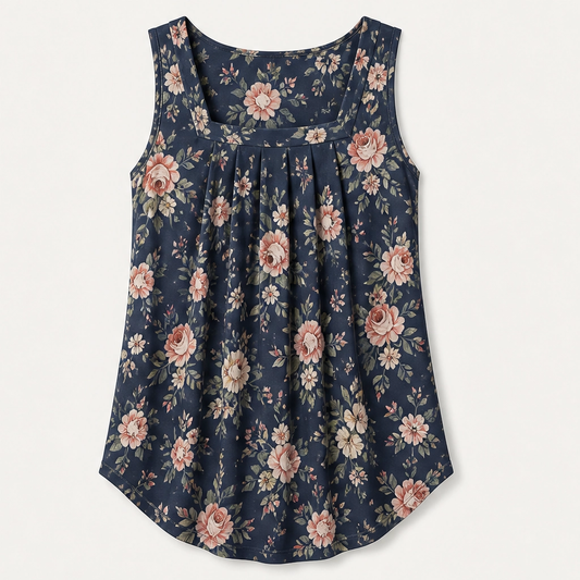 Vellara – Pleated Square Neck Flowy Sleeveless Tank Top + 50% OFF