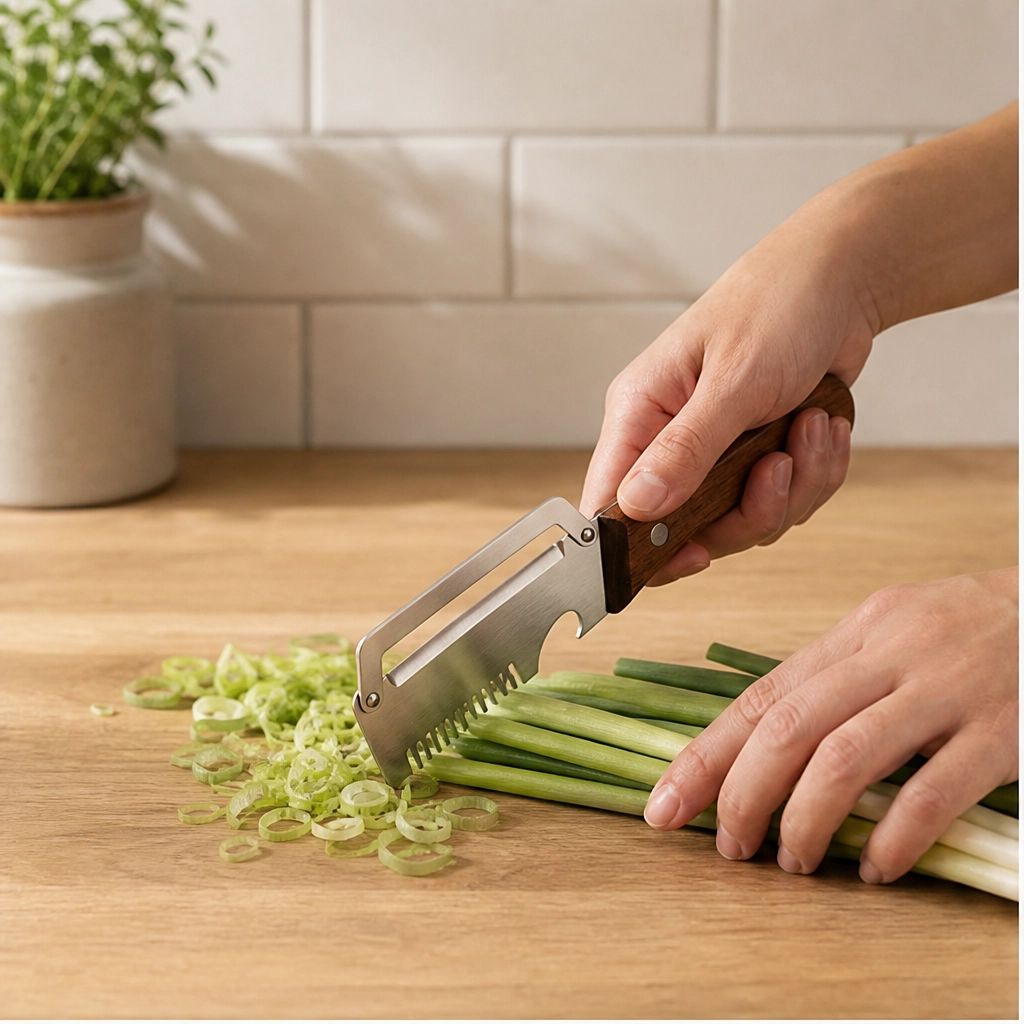 Hearthen™ – 3-in-1 Stainless Steel Scallion Shredder, Peeler & Bottle Opener with Wood Handle + 50% OFF