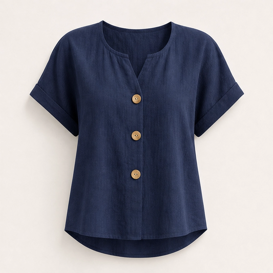 Linnea – Breathable V-Neck Button Top with Wooden Buttons + 50% OFF