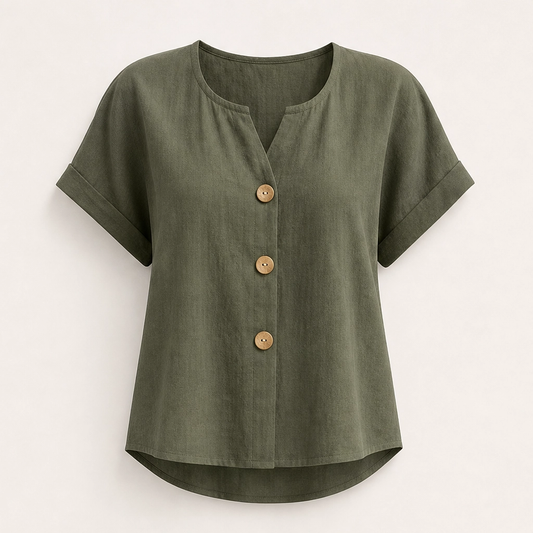 Linnea – Breathable V-Neck Button Top with Wooden Buttons + 50% OFF