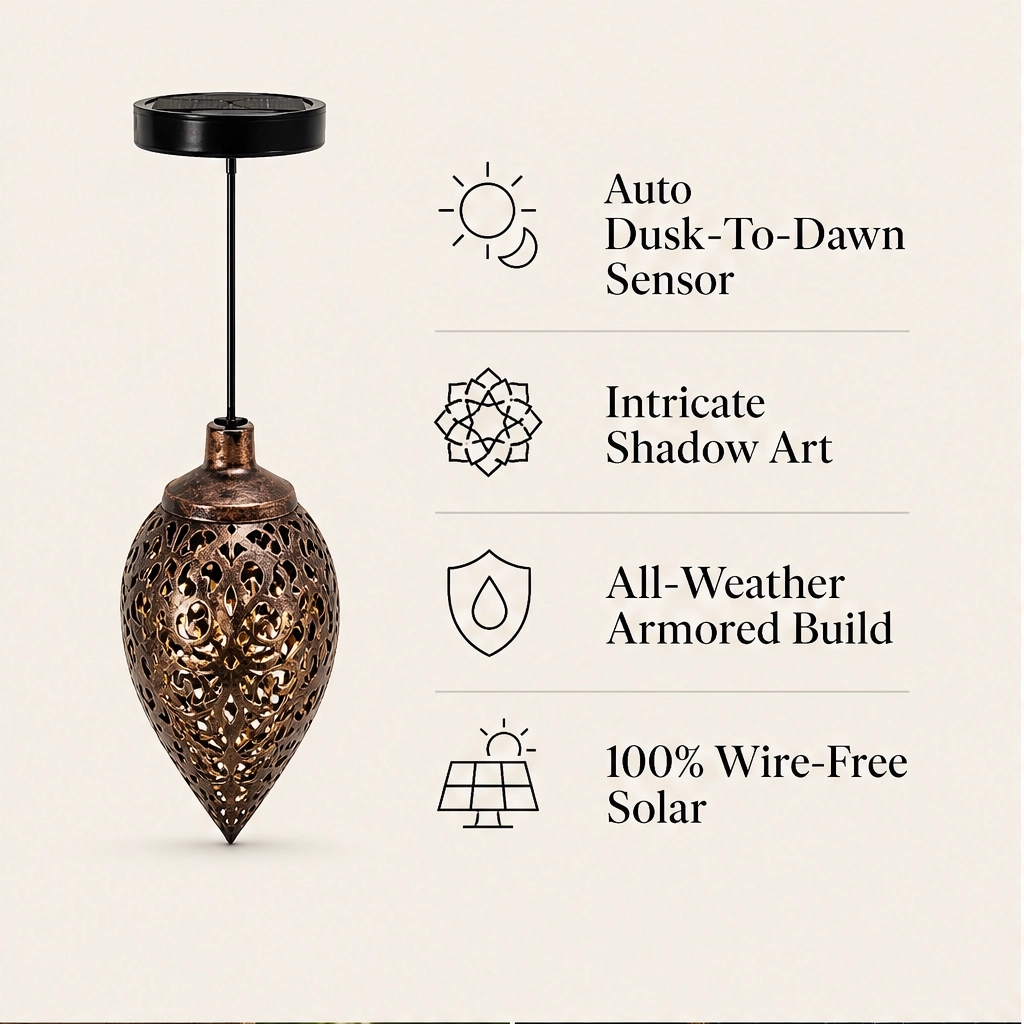 Duskwell – Solar Teardrop Lantern with Moroccan Cutout Glow & Dusk-to-Dawn Sensor + 50% OFF
