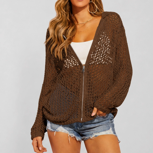 Driftknit™ – Crochet Hollow-Knit Hooded Double-Zip Cardigan Cover-Up + 50% OFF