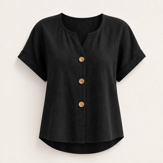 Linnea – Breathable V-Neck Button Top with Wooden Buttons + 50% OFF