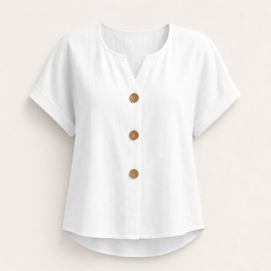 Linnea – Breathable V-Neck Button Top with Wooden Buttons + 50% OFF