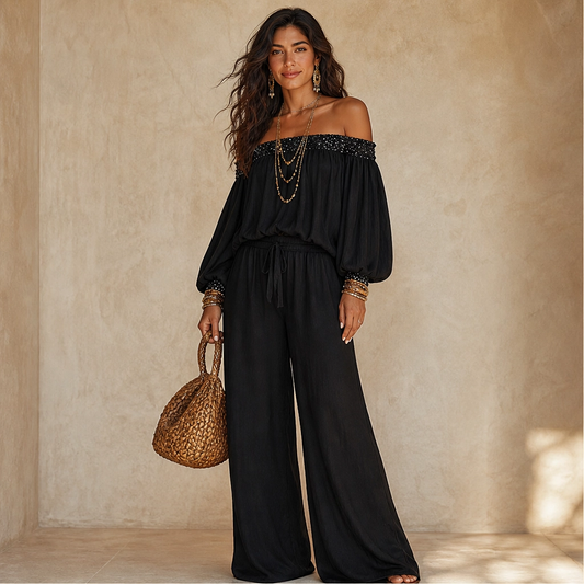 Noirelle – Off-Shoulder Sequined Top & Wide-Leg Pants Set + 50% OFF