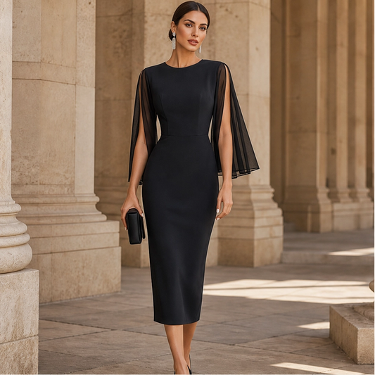 Soirelle – Chiffon Cape-Sleeve Fitted Midi Dress + 50% OFF