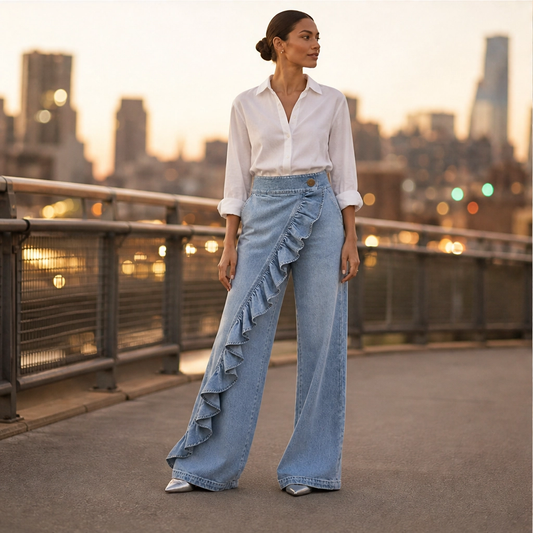 Volanté – High-Waist Ruffle Wide-Leg Denim Pants + 50% OFF
