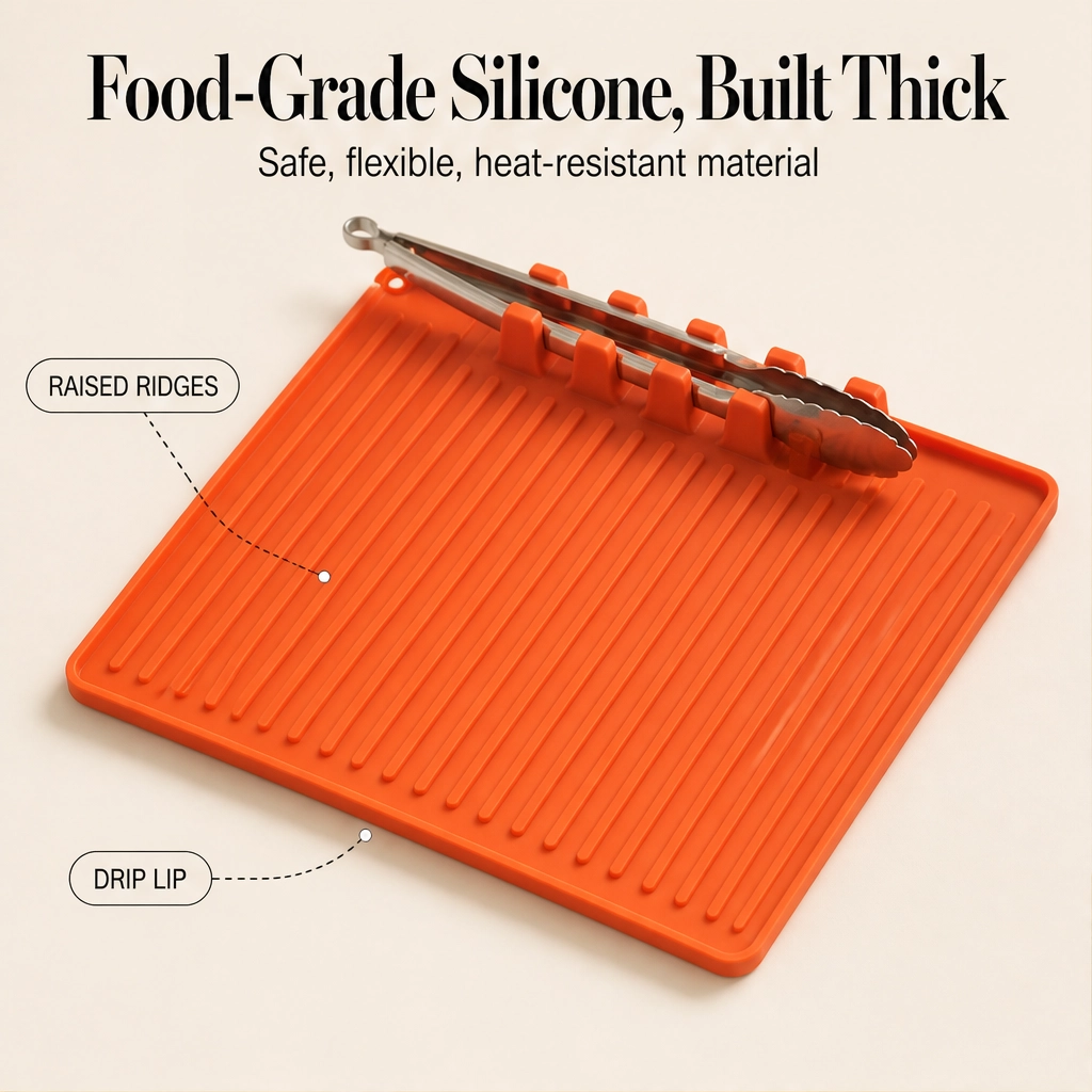 GrillNest™ – Heat-Resistant Silicone Grill Mat with Raised Drip Edge & Utensil Holder + 50% OFF
