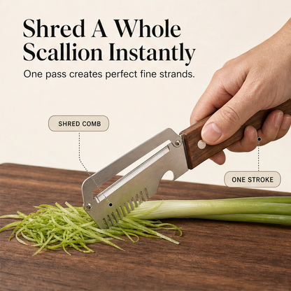 Hearthen™ – 3-in-1 Stainless Steel Scallion Shredder, Peeler & Bottle Opener with Wood Handle + 50% OFF