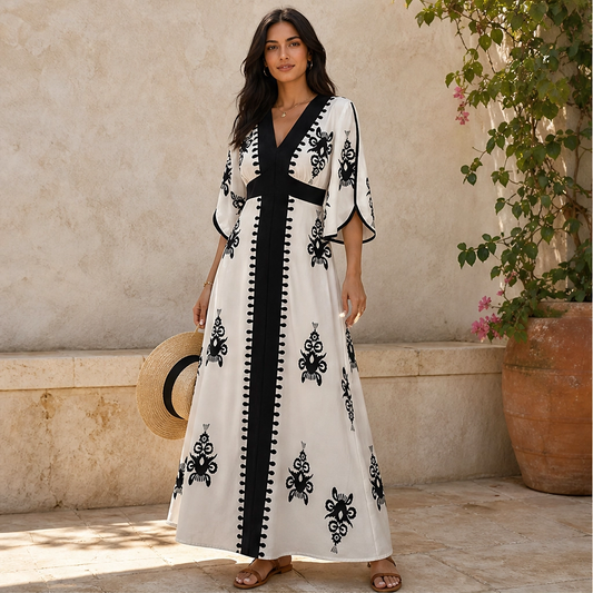 Solene – V-Neck Waist-Defining Print Maxi Dress with Pockets + 50% OFF