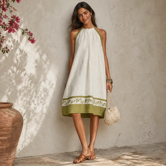 Olivelle – Floral Trim Sleeveless A-Line Linen-Blend Mini Dress + 50% OFF