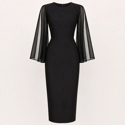 Soirelle – Chiffon Cape-Sleeve Fitted Midi Dress + 50% OFF