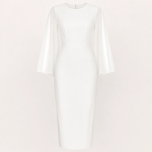 Soirelle – Chiffon Cape-Sleeve Fitted Midi Dress + 50% OFF
