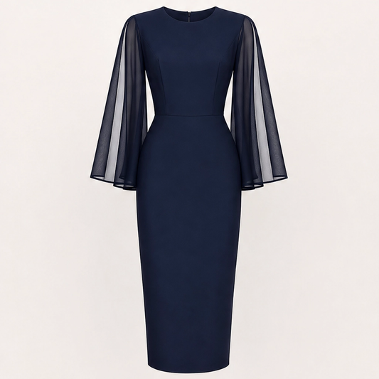 Soirelle – Chiffon Cape-Sleeve Fitted Midi Dress + 50% OFF