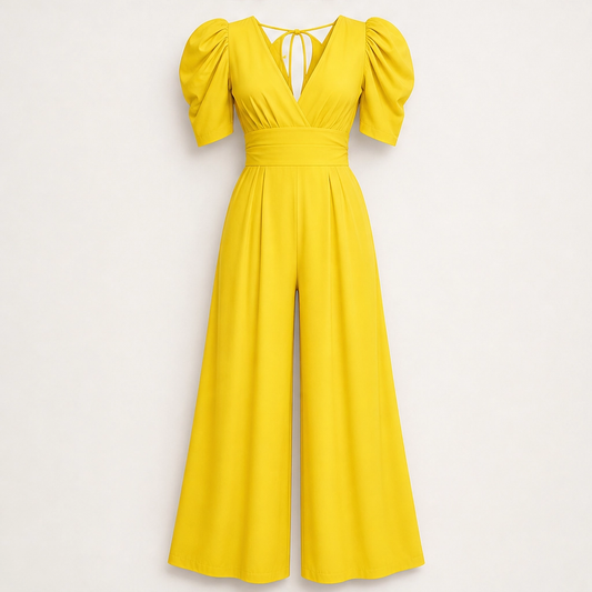 Ruchelle – Deep V-Neck Ruched-Waist Wide-Leg Jumpsuit + 50% OFF