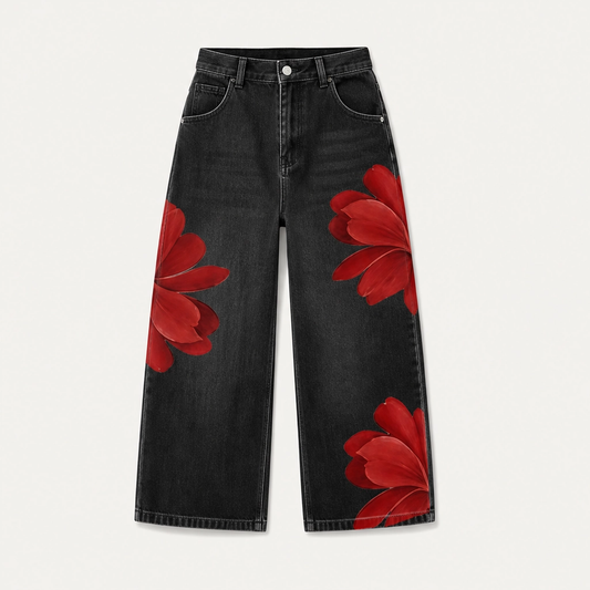 Petalene – Artistic Floral-Print Wide-Leg Cropped Jeans + 50% OFF