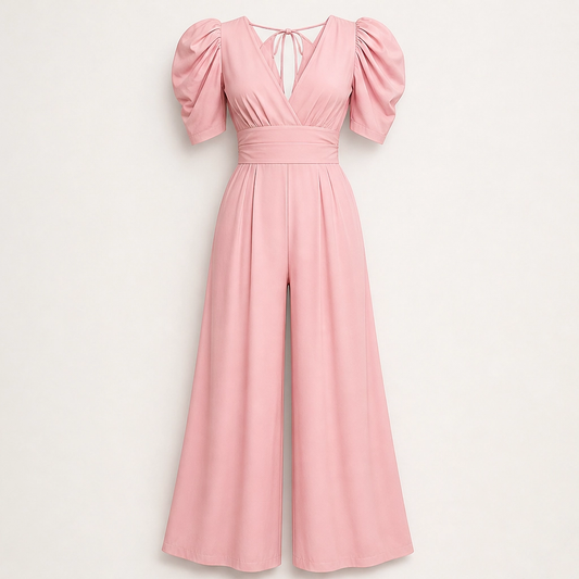 Ruchelle – Deep V-Neck Ruched-Waist Wide-Leg Jumpsuit + 50% OFF