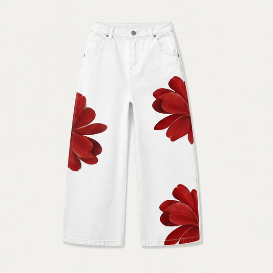 Petalene – Artistic Floral-Print Wide-Leg Cropped Jeans + 50% OFF