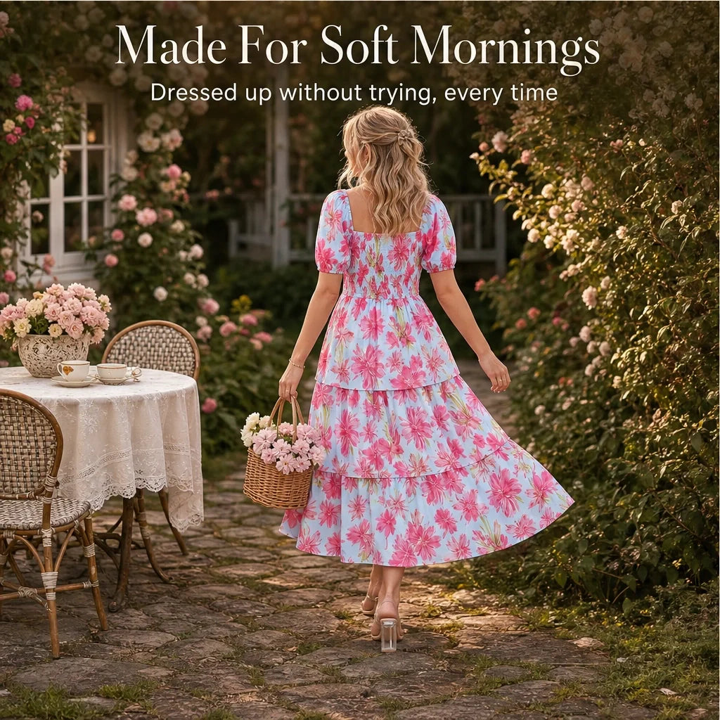 Fleurette™ – Smocked Square-Neck Puff Sleeve Tiered Floral Midi Dress ...