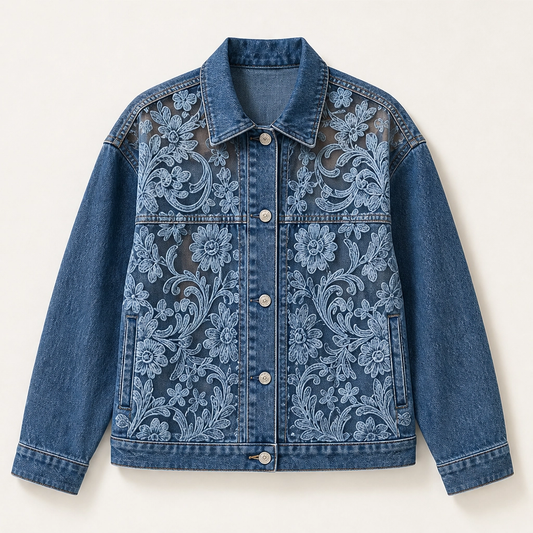 Fleurette – Floral Lace Patchwork Loose Denim Jacket + 50% OFF