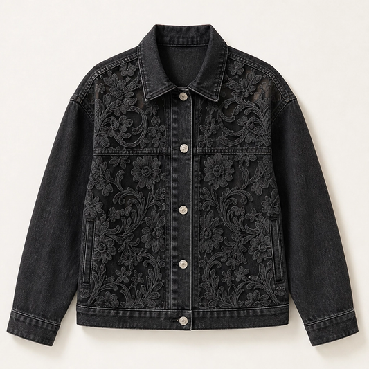 Fleurette – Floral Lace Patchwork Loose Denim Jacket + 50% OFF