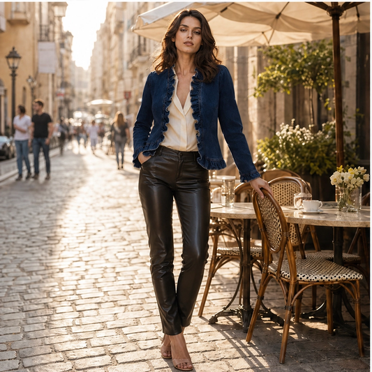 Volette – Ruffle Trim Open-Front Lightweight Denim Jacket + 50% OFF