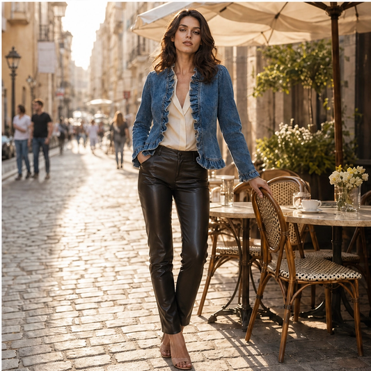 Volette – Ruffle Trim Open-Front Lightweight Denim Jacket + 50% OFF