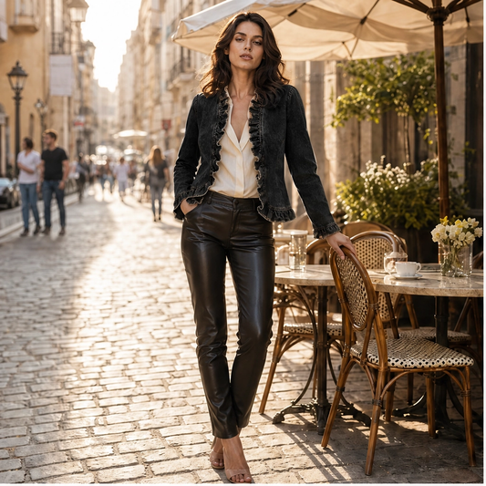 Volette – Ruffle Trim Open-Front Lightweight Denim Jacket + 50% OFF