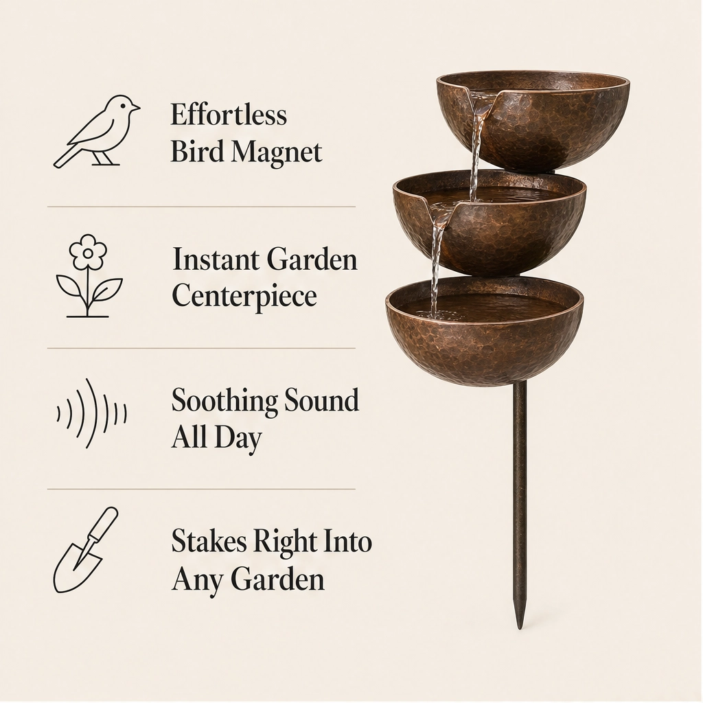 Dewbrook – Rain-Fed 3-Tier Cascading Bird Bath & Garden Water Feature + 50% OFF