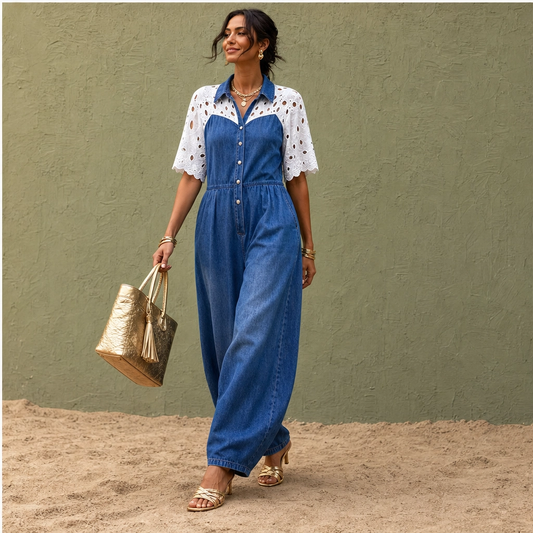 Éclette – Lace-Panel Wide-Leg Denim Jumpsuit + 50% OFF