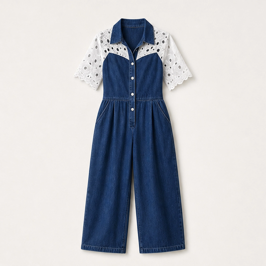 Éclette – Lace-Panel Wide-Leg Denim Jumpsuit + 50% OFF