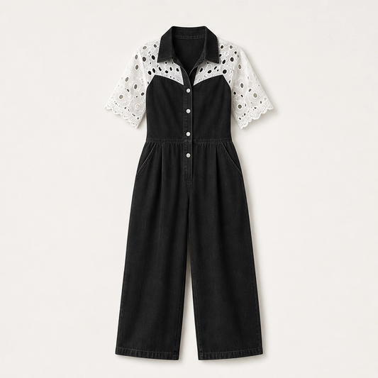 Éclette – Lace-Panel Wide-Leg Denim Jumpsuit + 50% OFF