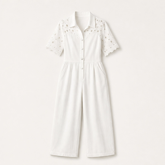 Éclette – Lace-Panel Wide-Leg Denim Jumpsuit + 50% OFF