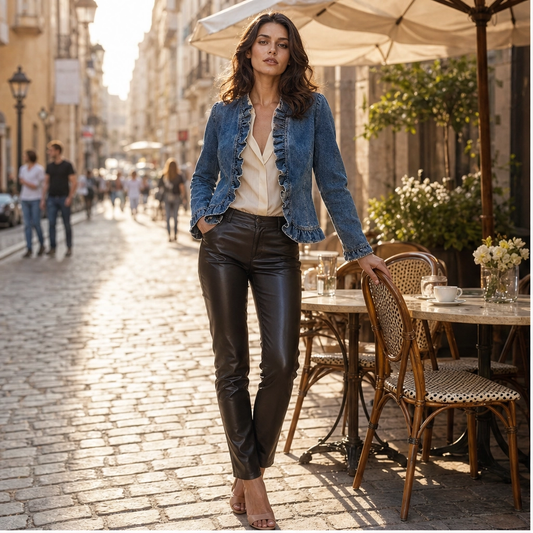Volette – Ruffle Trim Open-Front Lightweight Denim Jacket + 50% OFF