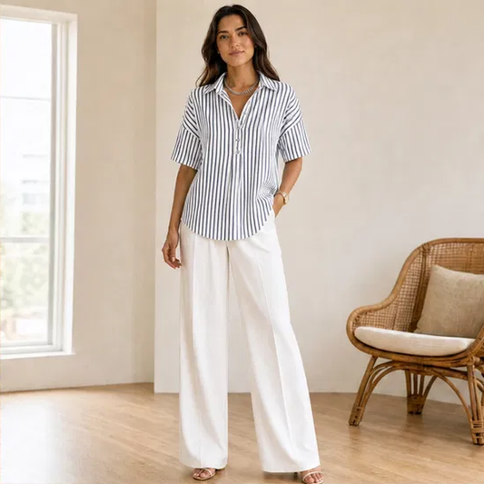 Verena™ – Relaxed Striped V-Neck Collared Short-Sleeve Blouse + 50% OFF