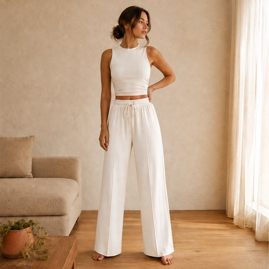 Soléne™ – Ribbed Knit Sleeveless Crop Top & Wide-Leg Pants 2-Piece Set + 50% OFF