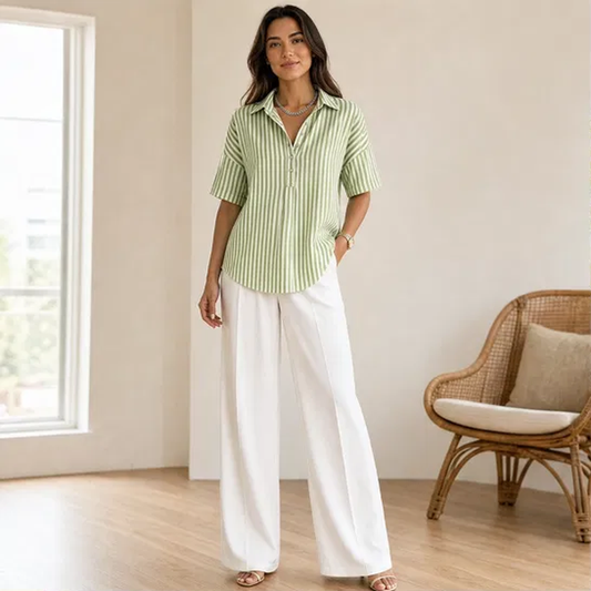 Verena™ – Relaxed Striped V-Neck Collared Short-Sleeve Blouse + 50% OFF