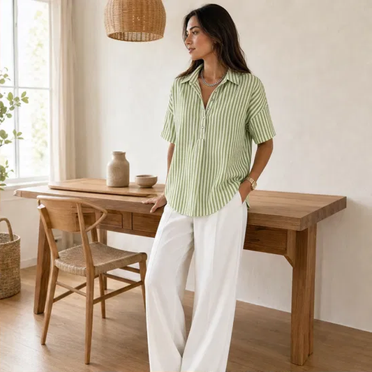 Verena™ – Relaxed Striped V-Neck Collared Short-Sleeve Blouse + 50% OFF