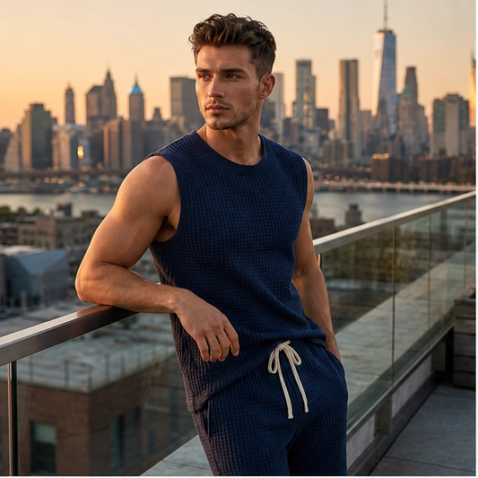 Weft – Waffle Knit Sleeveless Tank & Shorts Set for Men + 50% OFF
