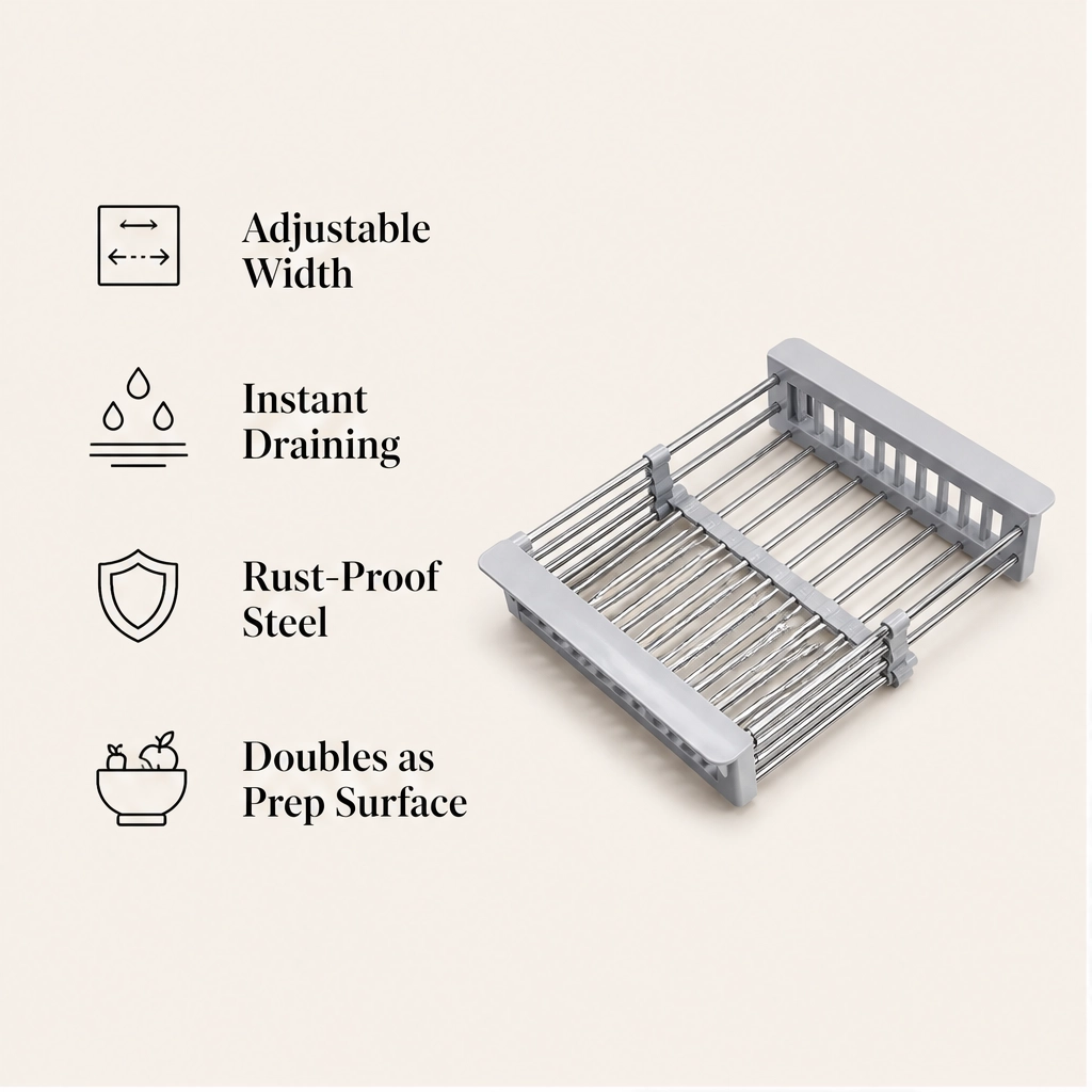 Weir – Expandable Stainless Steel Over-Sink Drain Basket & Dish Rack + 50% OFF
