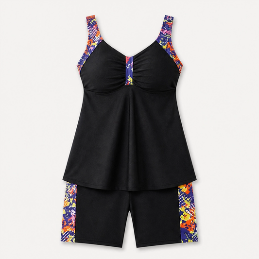 Marisol – Tummy-Control Flowy Tankini Top & Boy Shorts Swimsuit Set + 50% OFF